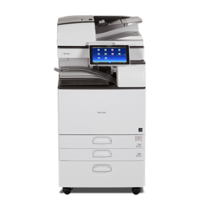 Modern multifunction office printer with touchscreen control panel.