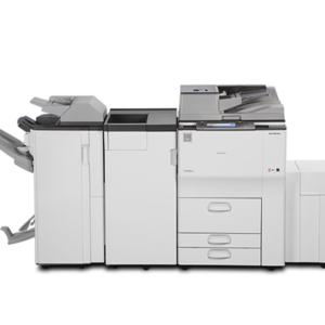 Office multifunction printer with finisher unit.