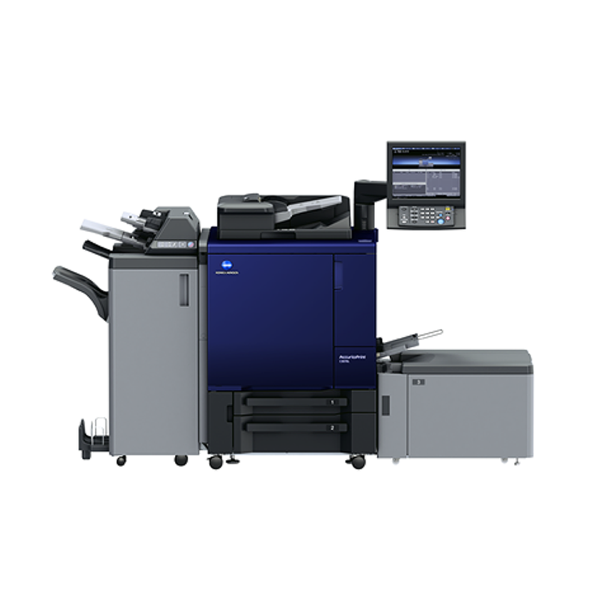 Modern digital office printer with finisher on white